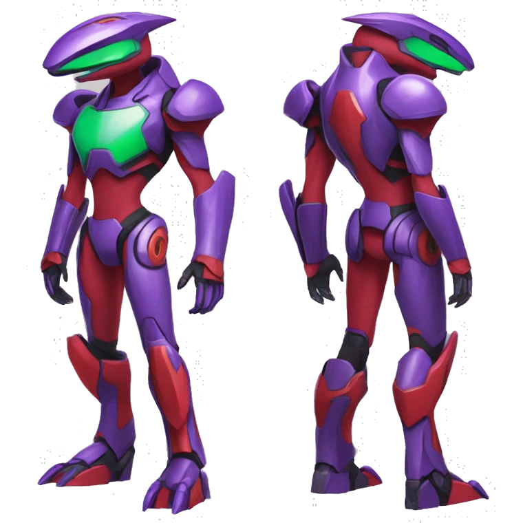 a purple-green-red Genesect-Raptor-Fakémon—hybrid with a futuristic visor-helmet full body emoji