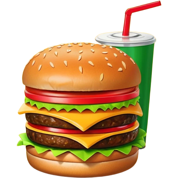 A clean and simple icon of fast food in emoji-style illustration. A burger with fries and a soda cup, bright and bold colors, simple shapes, flat design, high contrast, inviting and appetizing. emoji