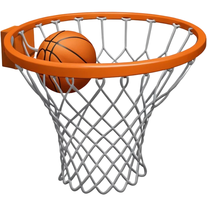 A close-up of a basketball shild and hoop with the ball swishing through the net, captured mid-air. The background emphasizes the tension and excitement of the moment, with the rim and net in sharp focus, showcasing the precision and skill of the sport. emoji