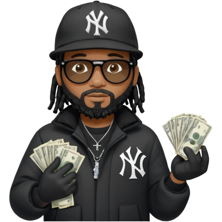 African American man with shoulder length black dreadlocks with black beard wearing black sunglasses wearing a black New York Yankees logo baseball Cap wearing a black bubble winter coat spreading money across his arm emoji