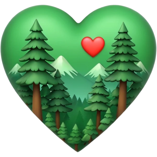 a big green heart emoji  with small pine trees behind it and i love you text on the front of the heart emoji