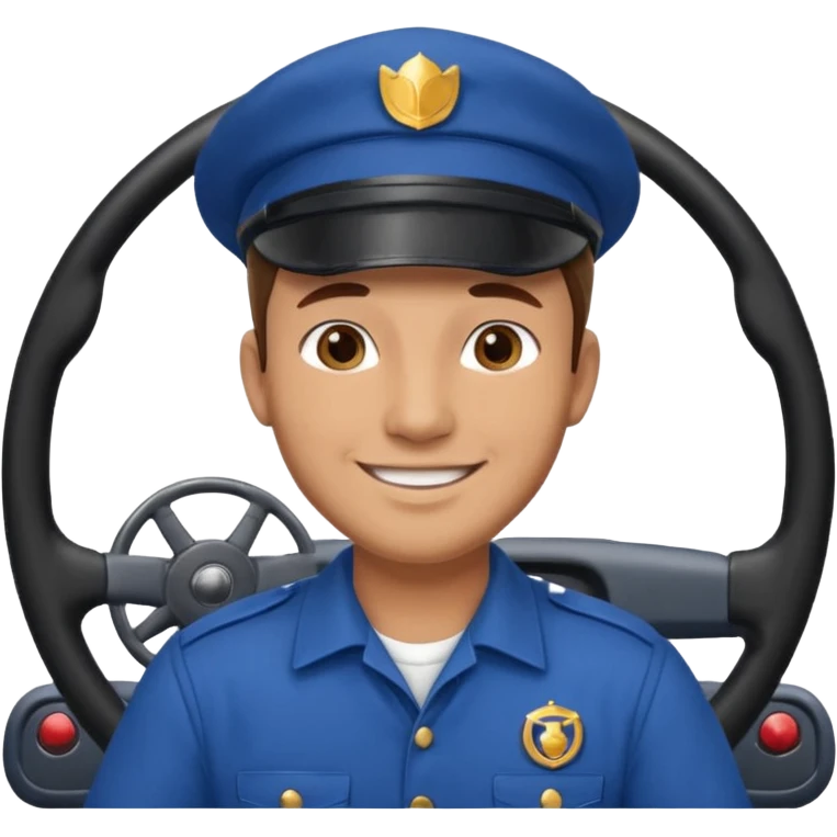 male bus driver, blue uniform, cap, smiling, holding a steering wheel emoji