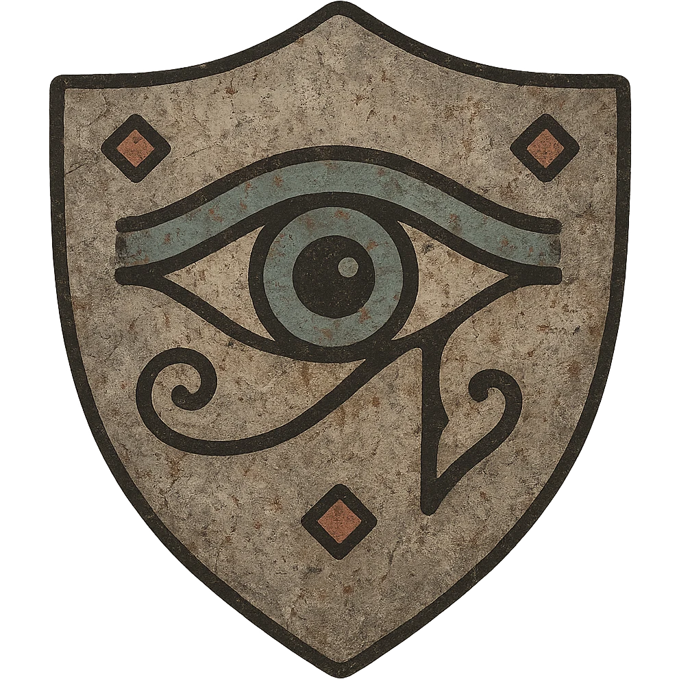 Make the shield with the Eye of Ibad look more ancient, with weathered metal, faded paint, and worn details, keeping the background transparent. emoji