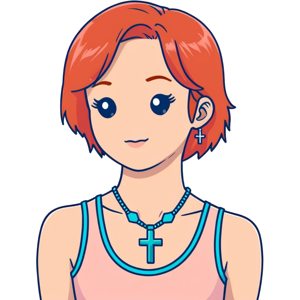 Auburn ginger haired girl with eyelashes wearing a cross necklace and a light coral pink tank top emoji