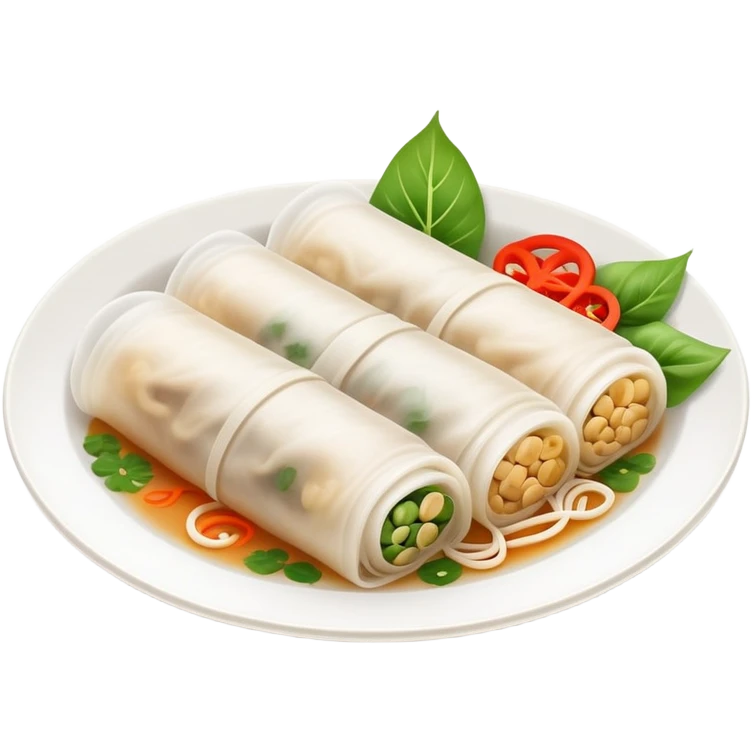 Hangzhou Pian Er Chuan thin rice noodle rolls with fillings, simplified emoji style with bold outlines and bright colors, cartoon style Zhejiang specialty resembling Cheung Fun emoji