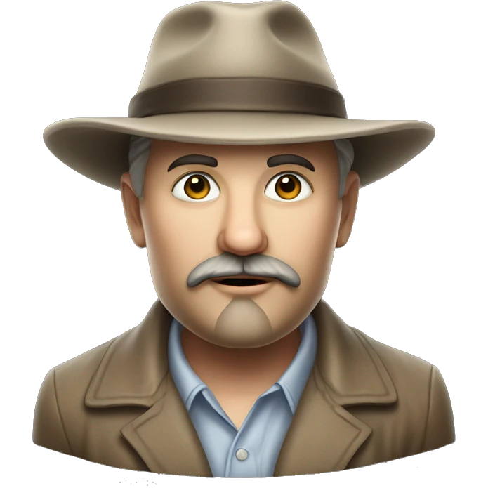 Photorealism A plump man of Slavic appearance with litle eyes with a goatee beard and mustache, wearing a fedora hat, big detailed face, wrinkled face emoji