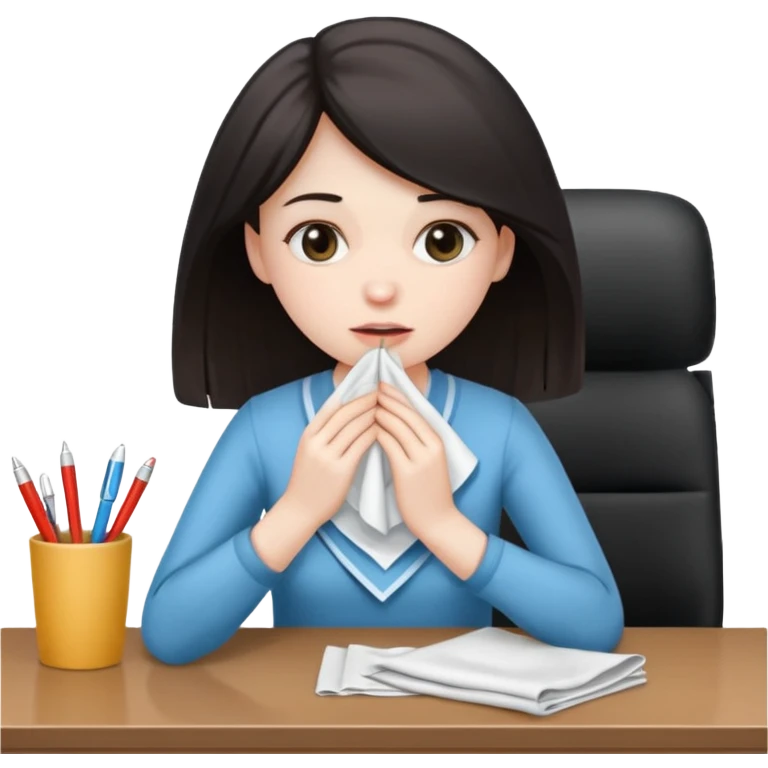 хвора дівчина сидить в офісі за столом, у неї в руках хустинка emoji