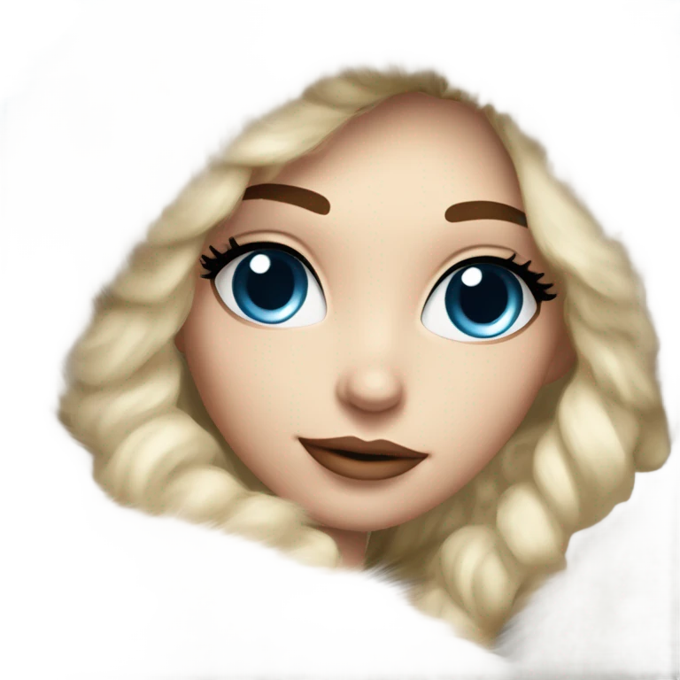 Beautiful Girl with lashes and blue eyes, blonde hair, in a extremely big fluffy oversized white fur coat with hood on. The fur is real and it’s very obvious big and fluffy  emoji