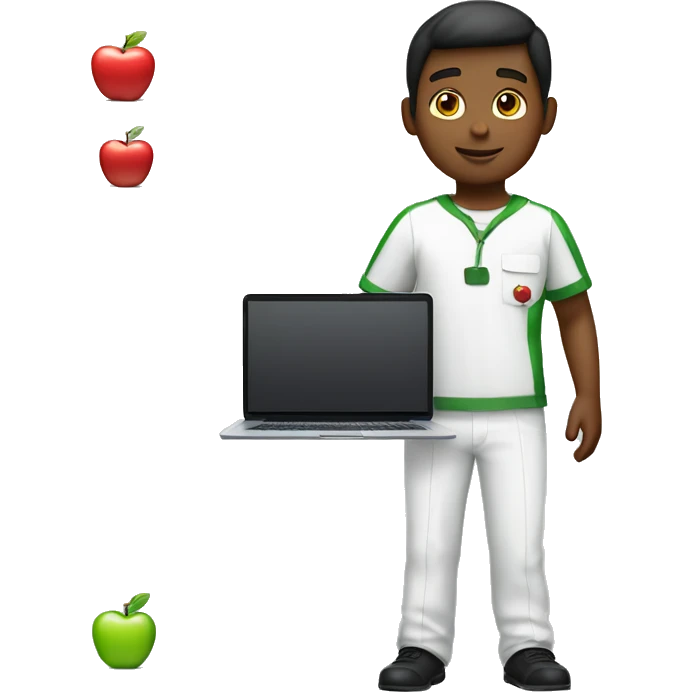 Full body white boy, wearng the apple uniform, and holdin a laptop with apples T&C's emoji