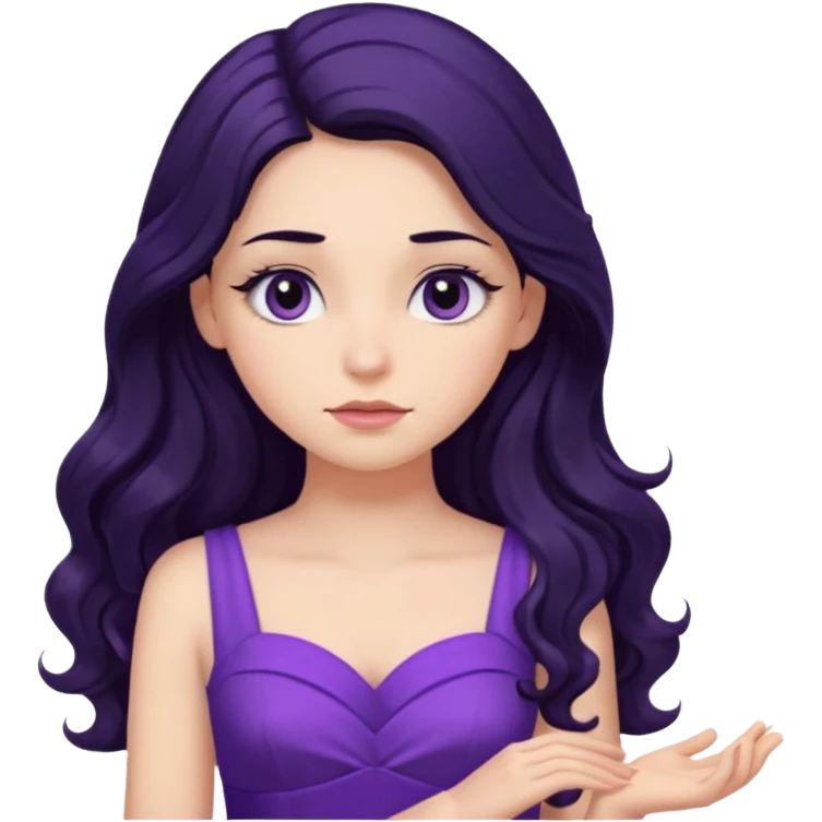 دخترکی با مو های بلند و مشکی موج دار مژه های بلند با لباس بنفش و حالت متفکر emoji