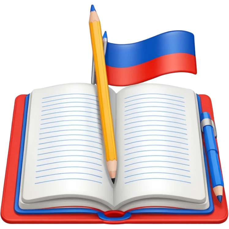 book with Russian flag colors, open notebook and pencil nearby emoji