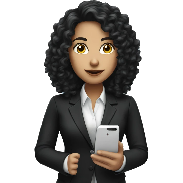 corporate white woman, long black curly hair, with a phone, black blazer  emoji