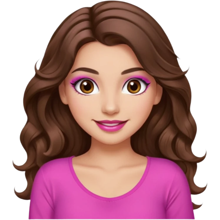 girl with long wavy brown hair, brown eyes, long lashes makeup, sexy pink lips, light to medium complexion, wearing a pink sexy top emoji