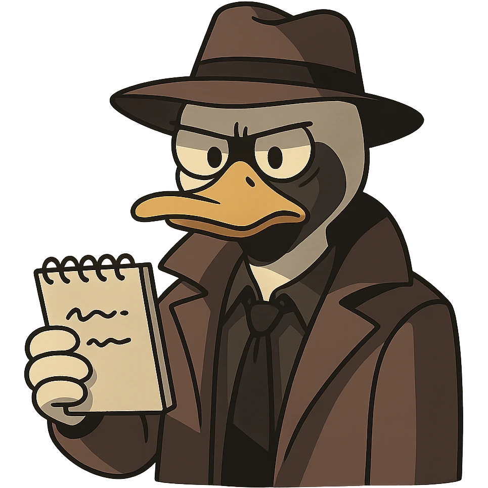 duck detective with classic noir look shadowy lighting serious expression holding a notepad emoji