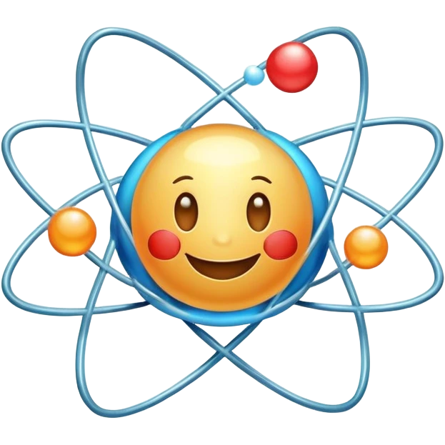 cute cartoon atom with a smiling face and orbiting valence electron emoji