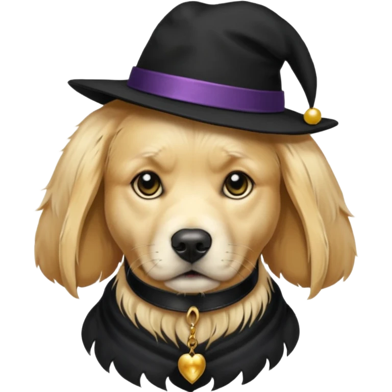 golden retriever dog wearing goth accessories, somber expression emoji