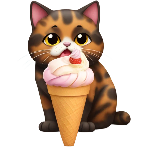 Cute fat tortoiseshell cat eating ice cream emoji