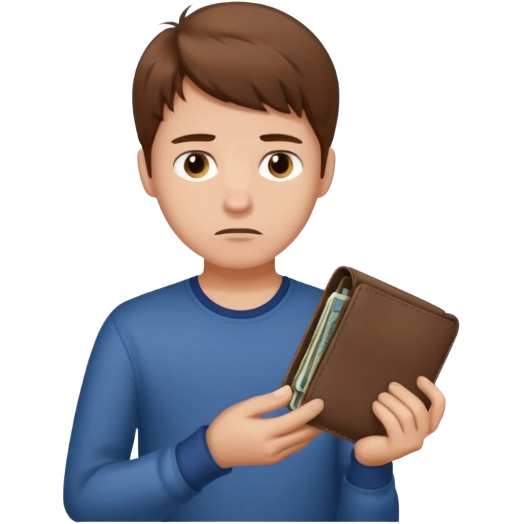 A young guy looks sadly at his empty wallet. emoji
