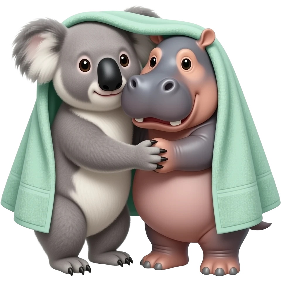 koala and hippo hugging under light green towel  wrapped around them  realistic emoji not cartoon real image towel wrapped around body  towels holding them around their body emoji