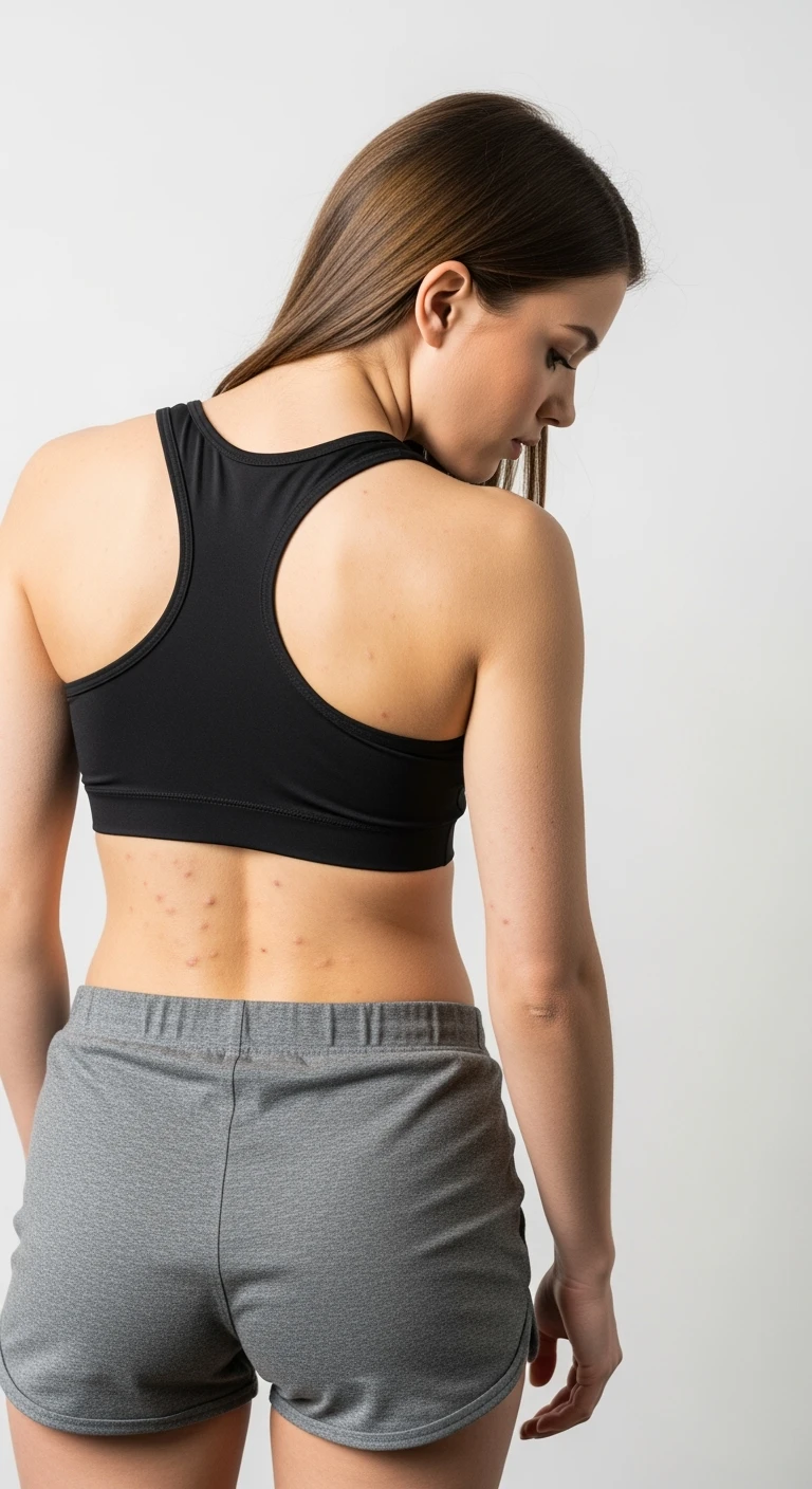 donna giovane DI SPALLE con cellulite buchi di cellulite e ritenzione in gym short leggermente piegata in avanti, con espressione dispiaciuta in volto isolata su sfondo bianco emoji