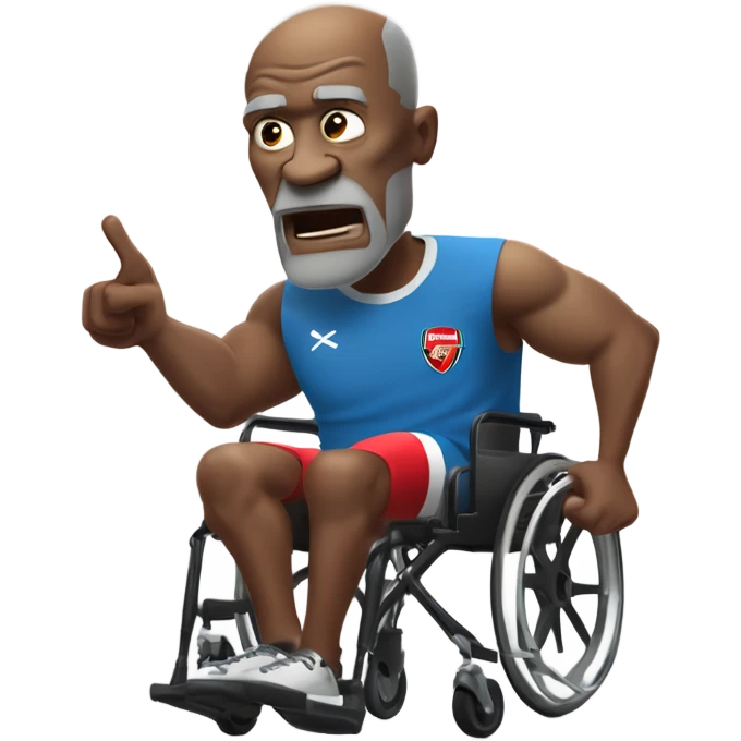 old black bald man with a protruding round pot belly in wheelchair. angry face. grey stubble. he is pointing finger in front. Arsenal soccer shirt. mouth word bubble emoji