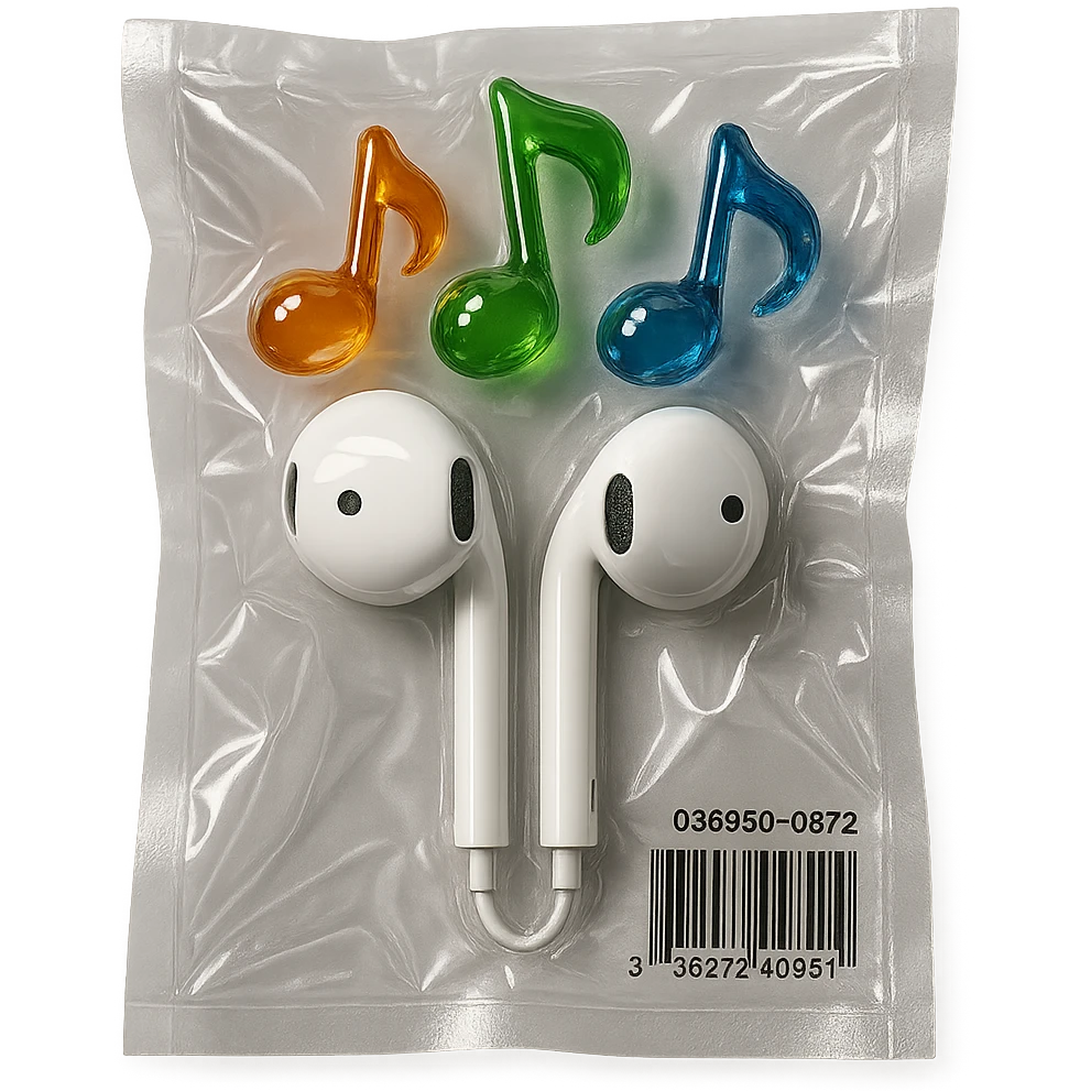 pair of white EarPods with three distinct colorful glass music notes floating above, glossy and puffy emoji