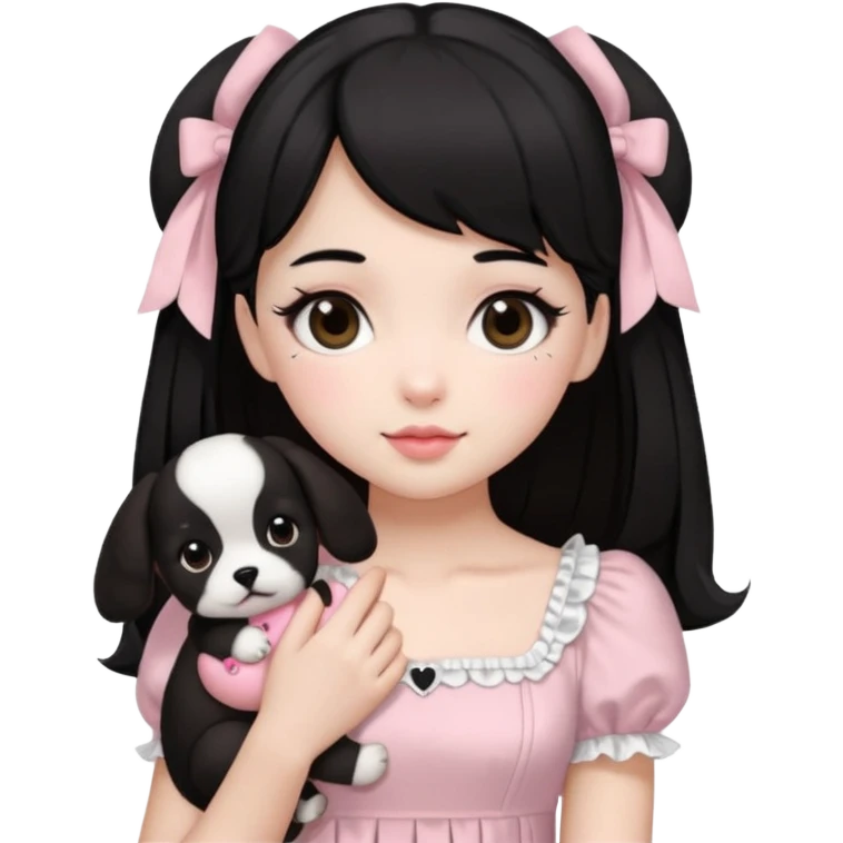 sweet lolita black hair brown eyes white skin light pink dress holding a shizu black and white puppy emoji created using Al. Copy and paste sweet lolita blond hair blue eyes white skin light pink dress emoji emoji
