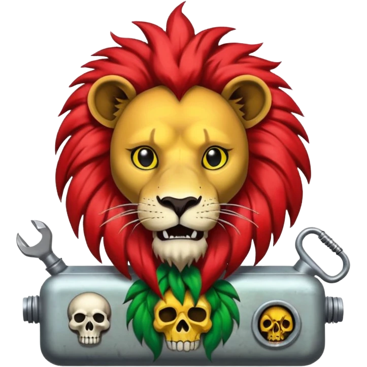 Create a power station with a rasta cap on with red gold green grafite of a lion and skulls with Fred the fossibot grafted on it emoji