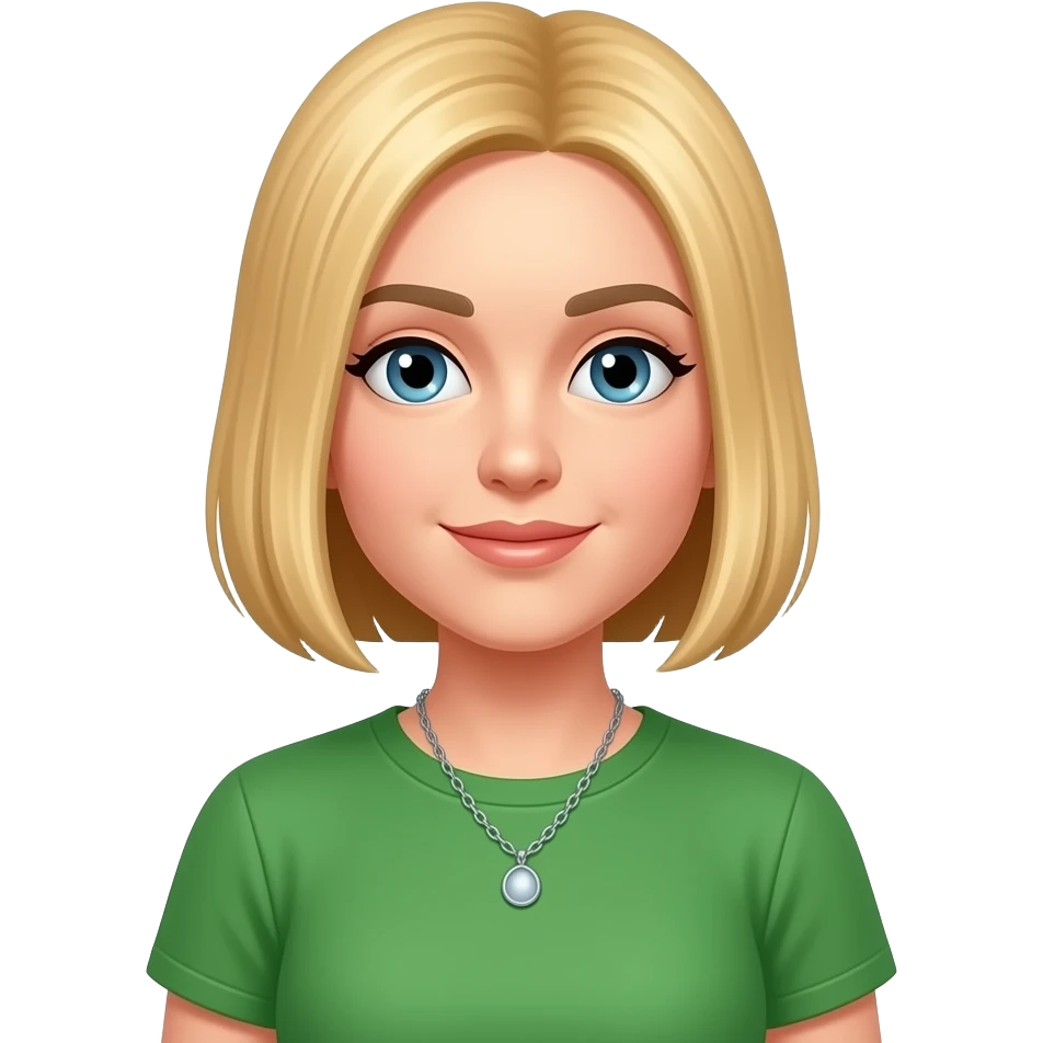 A character with a bob cut blonde hair, wearing a green t-shirt and a necklace emoji
