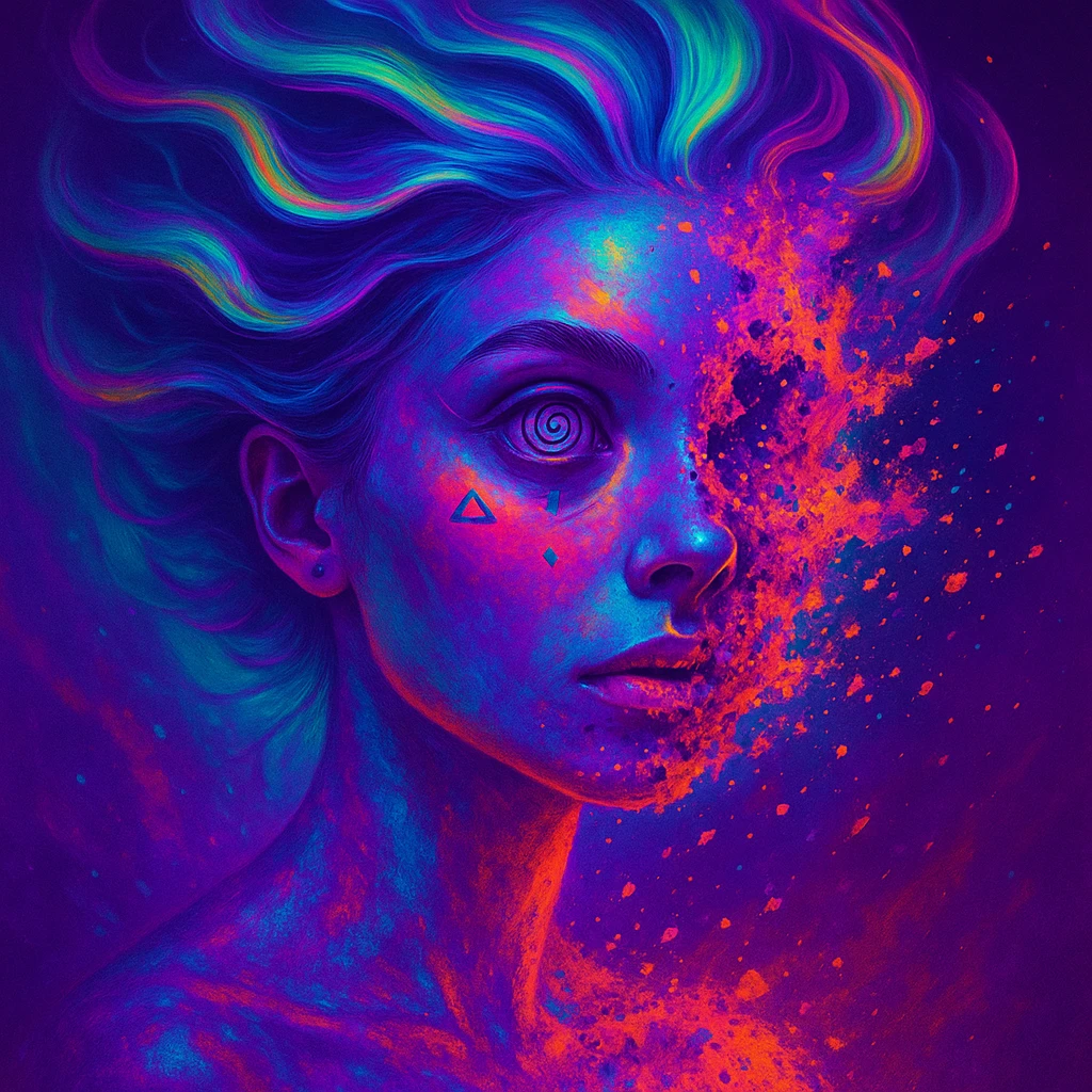 surreal neon portrait, skin in vibrant palette, face partially dissolving in colorful explosion, airbrush technique, hair as swirling liquid streams like northern lights, spiral eyes, geometric elements on face, paint particles flying, acid purple, turquoise, electric pink, sense of transformation emoji