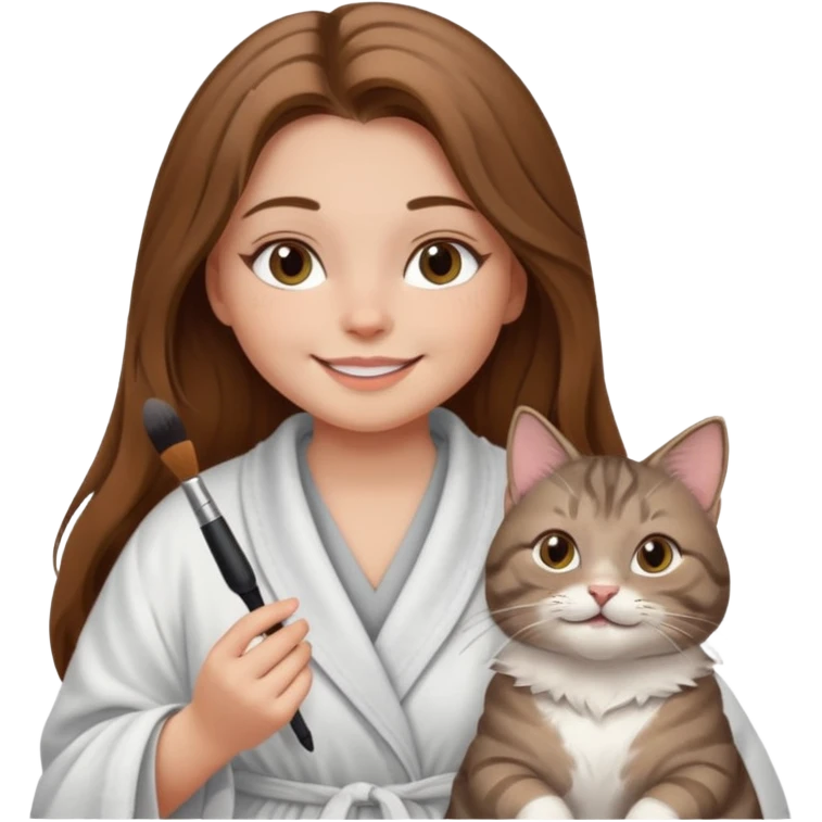 A image of a girl with light long brown hair doing her makeup with her chubby grey tabby cat. She is smiling emoji