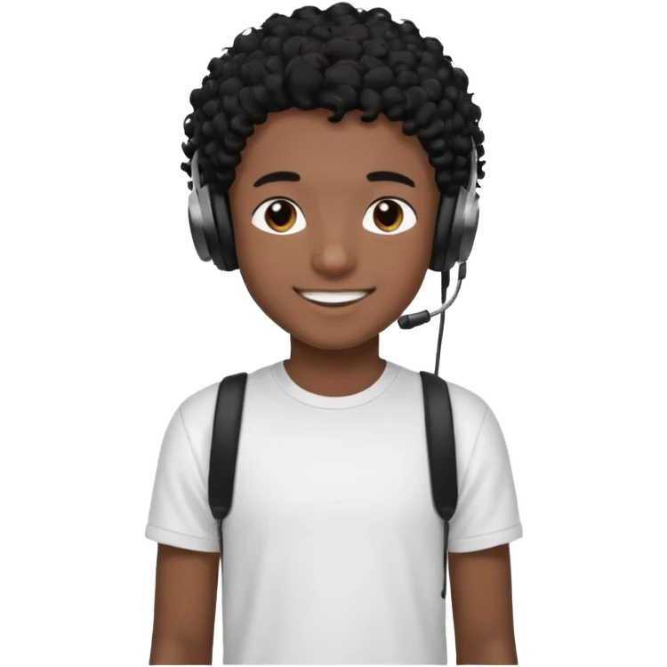 emoji of a teenage boy, curly black hair, wearing a t-shirt and headphones, cheerful look emoji