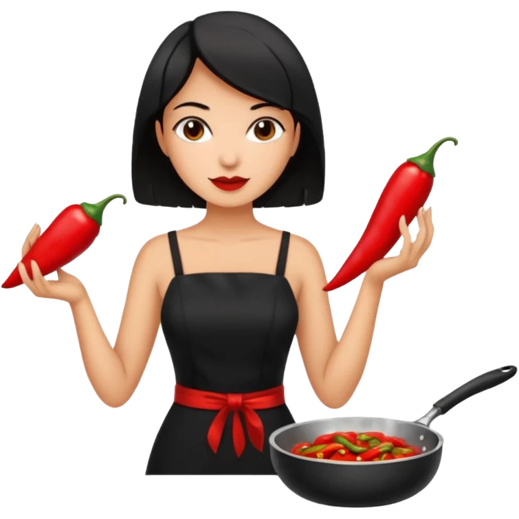 black short shoulder length hair tanned woman, black dress cooking, holding chili pepper emoji