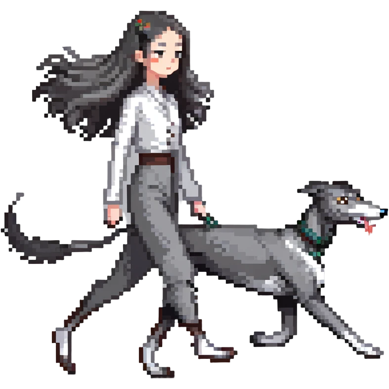 Japanese girl with flowing hair walking a solid grey greyhound with no white markings emoji