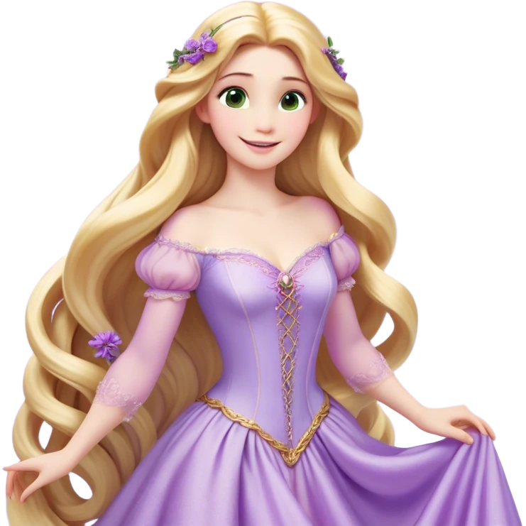 Cinematic Realistic Rapunzel Portrait, with porcelain-like skin featuring a subtle, natural glow, illuminated by soft lighting that brings out the gentle contours of her face. Her long, golden blonde hair cascades in detailed waves, each strand highlighted with a radiant shimmer as it catches the light. Her bright, expressive green eyes exude curiosity and warmth, framed by delicate lashes and soft, arched brows. Her expression is playful and vibrant, with a gentle smile. She is dressed in her classic lavender and pink gown, the fabric textured with delicate folds that flow naturally, catching the light with a soft, radiant glow. The portrait captures a luminous, enchanting aura, seamlessly blending realism with a whimsical, fairytale charm, evoking a timeless sense of beauty and magic. emoji