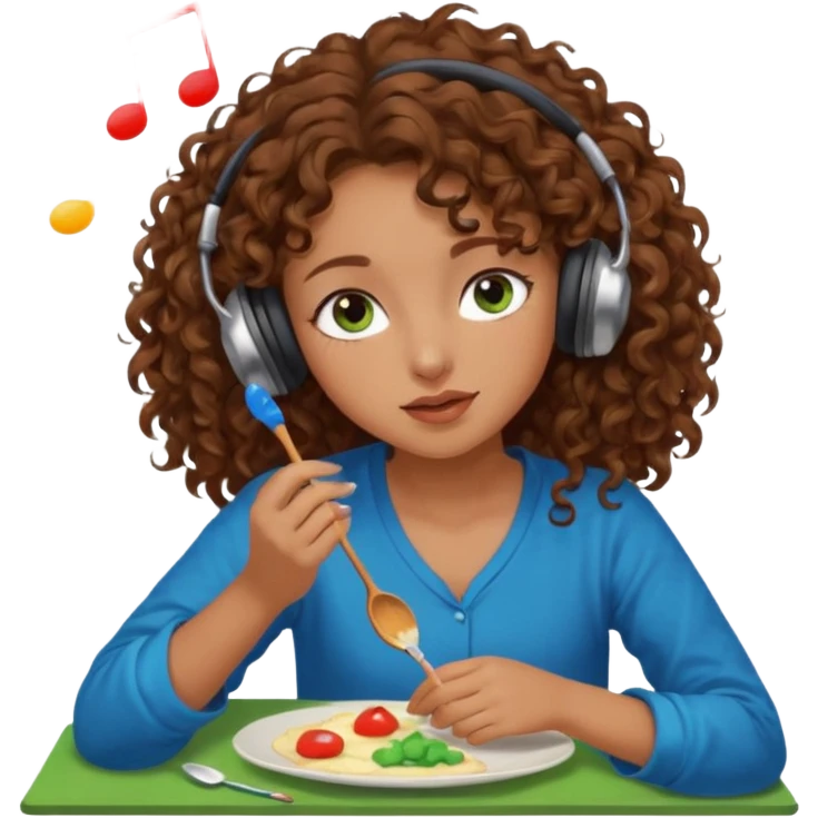 Brown curly hair girl blue green eyes painting sleeping eating dancing listening to misic emoji