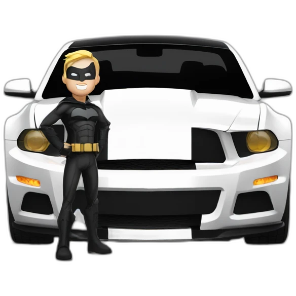 Batman standing beside his 2010 model mustang in white with black roof and black stripes AI images emoji