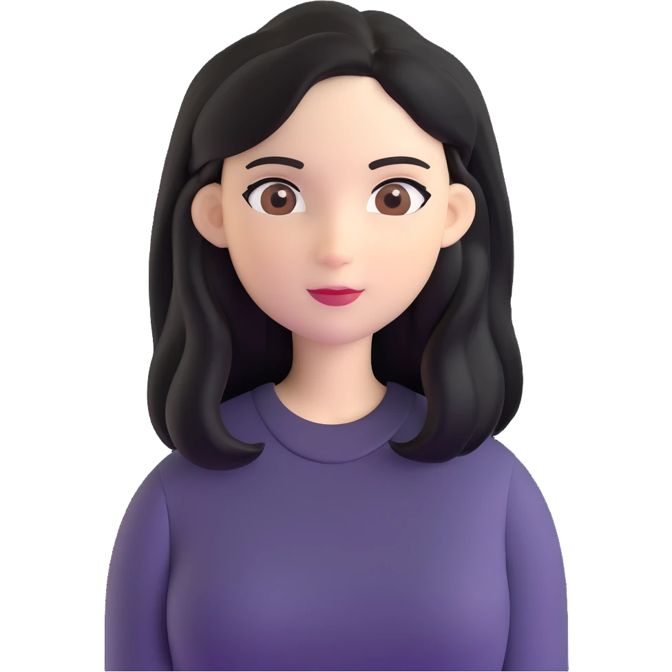 white woman with rounded brown eyes, long black hair, black blouse, soft background emoji