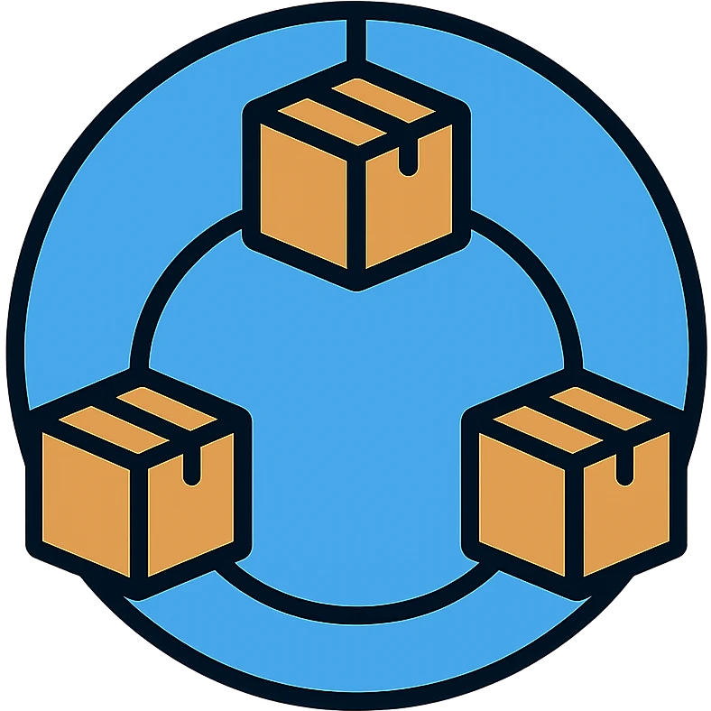 blue network in a circle form with brown packages at intersection points emoji