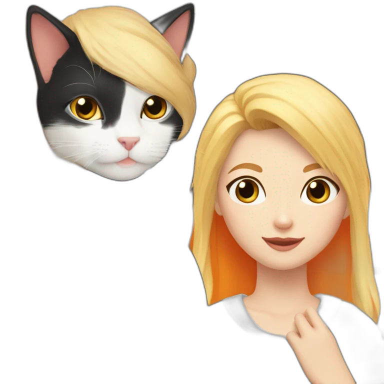 black and white cat with orange cat next to blonde-haired girl emoji