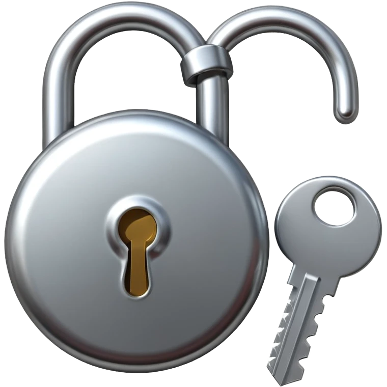 A chrome silver lock and key emoji, smooth metallic surfaces, glossy reflections, luxury swag vibe, minimal iOS emoji style, centered on clean white background emoji
