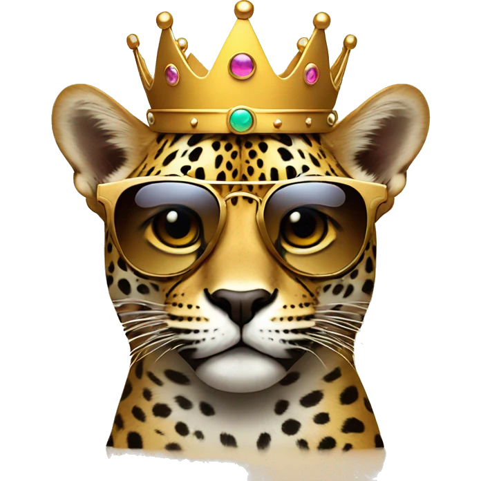 jaguar cat dj, cute emoji face, looking forward, wearing cool sunglasses, wearing over-ear headphones, wearing a fun crown on top of his head emoji