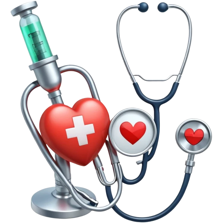An icon featuring a stethoscope, a medical syringe, and a heart, symbolizing medicine. The design includes a caduceus, a first aid kit, and a microscope, representing the study of health, diagnosis, and treatments. Transparent background highlights the science of medical care and healing. emoji