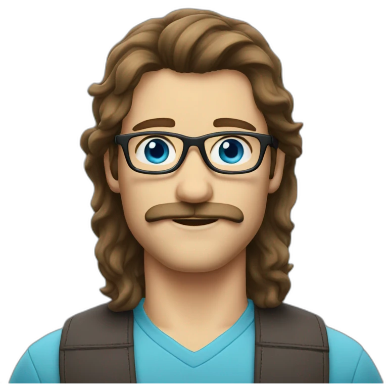 man with brown hair mustache mullet blue eyes and glasses emoji