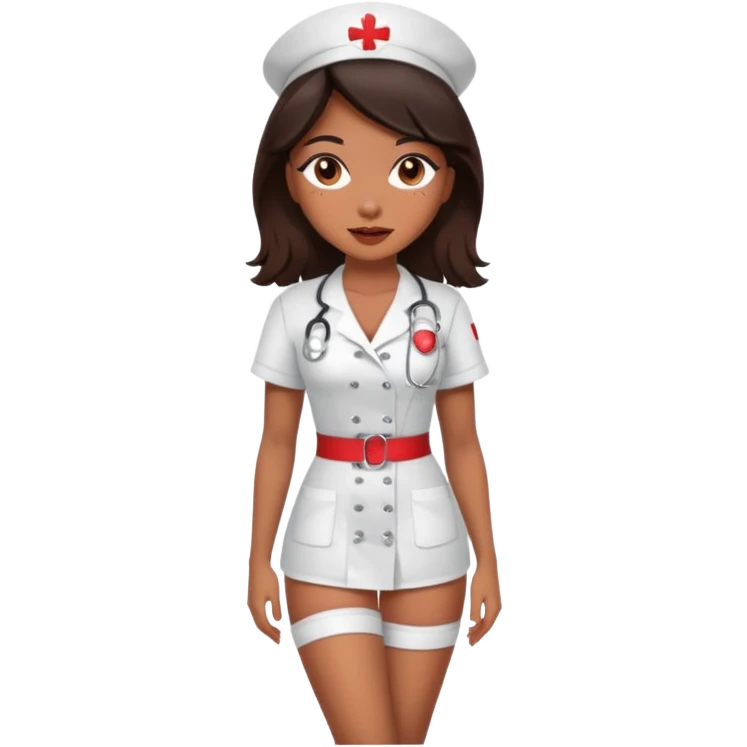A sexy girl. with caramel skin. Dark brown hair and brown eyes. She has freckles. Wearing sexy makeup. Dressed as a sexy nurse. Full body. Wearing lingerie  emoji