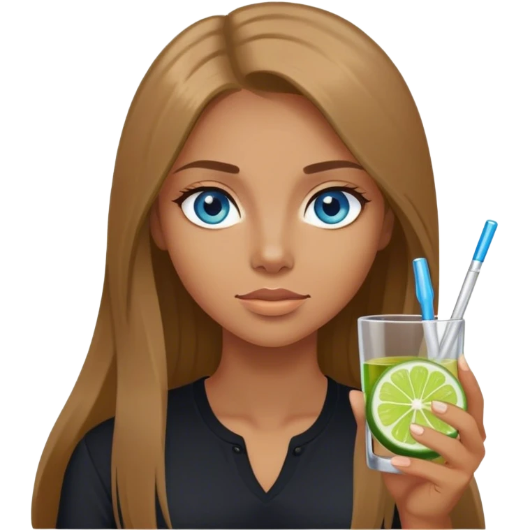 tan woman, black shirt, long light brown straight hair, grey blue eyes, holding a shot with lime emoji
