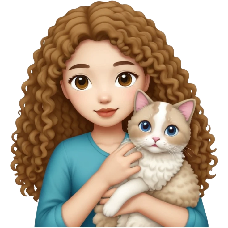 a curly asian girl with a seal point ragdoll cat in the hand emoji