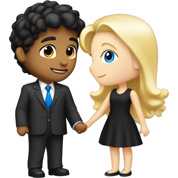 boy with black hair and blue eyes in suit kissing blond girl with hazel eyes with a cute black dress and both are white pale emoji