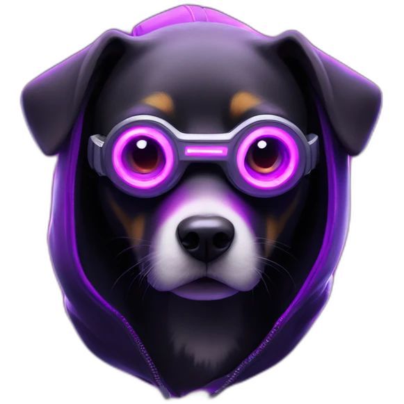 Russian dog wearing a black hoodie with "OMG" letters on it and VR headset in a cyberpunk VR environment with violet neon lighting. emoji
