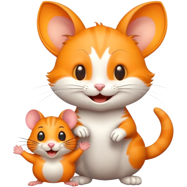 Joyful cat being greeted by a mouse friend with a wave emoji